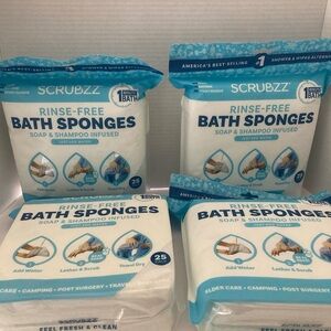 Lot of 4 Scrubzz Rinse Free Bath Sponges 25 Packs Lather, Scrub, Towel Dry